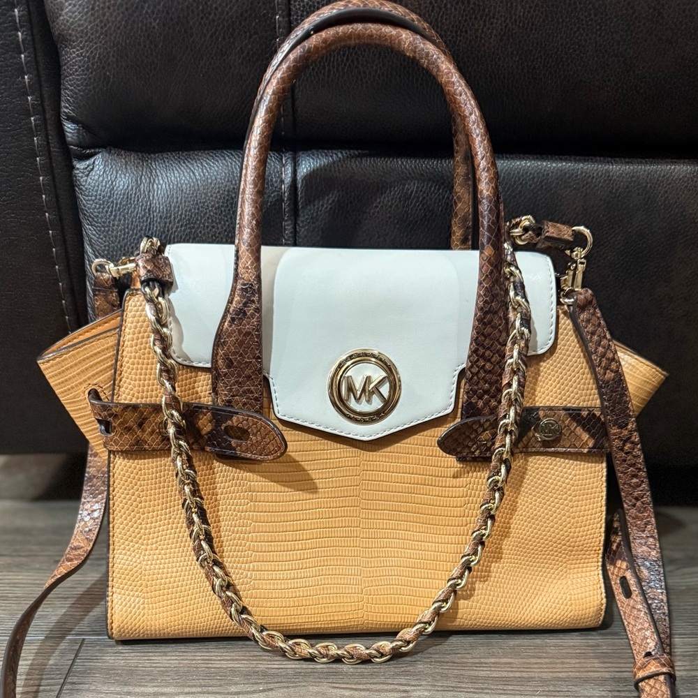 Michael Kors Carmen Small Flap Satchel Cider Multi Embossed Leather Bag - Picture 2 of 16